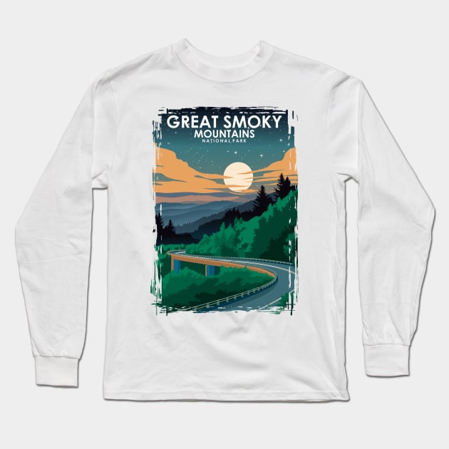 Great Smoky Mountains National Park Vintage Minimal Travel Poster at Night Long Sleeve T-Shirt by jornvanhezik